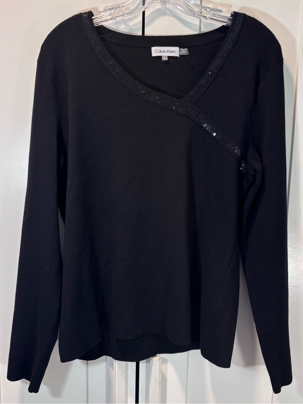 Calvin Klein Black Sequin Asymmetrical V-Neck Sweater Women’s M Holiday Sparkle